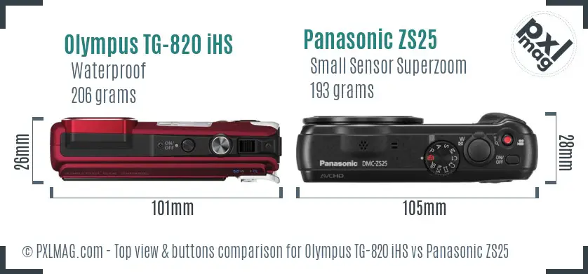 Olympus TG-820 iHS vs Panasonic ZS25 top view buttons comparison Olympus TG-820 iHS vs Panasonic ZS25 top view buttons comparison