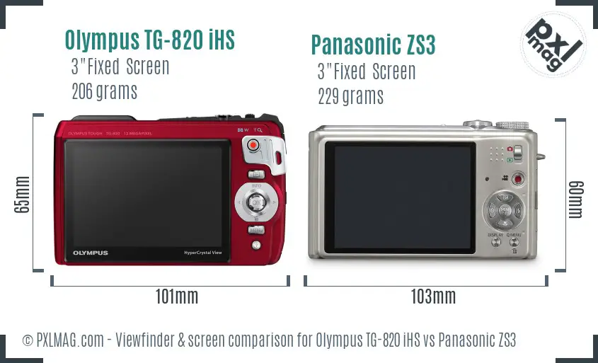 Olympus TG-820 iHS vs Panasonic ZS3 Screen and Viewfinder comparison