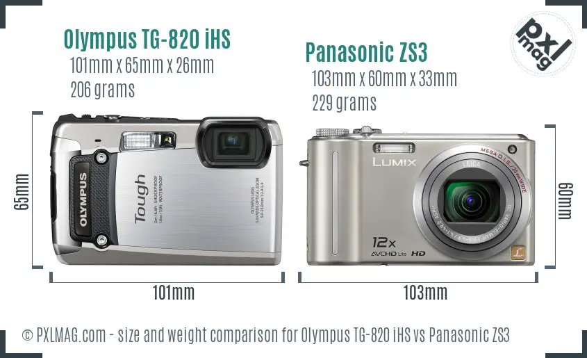 Olympus TG-820 iHS vs Panasonic ZS3 size comparison