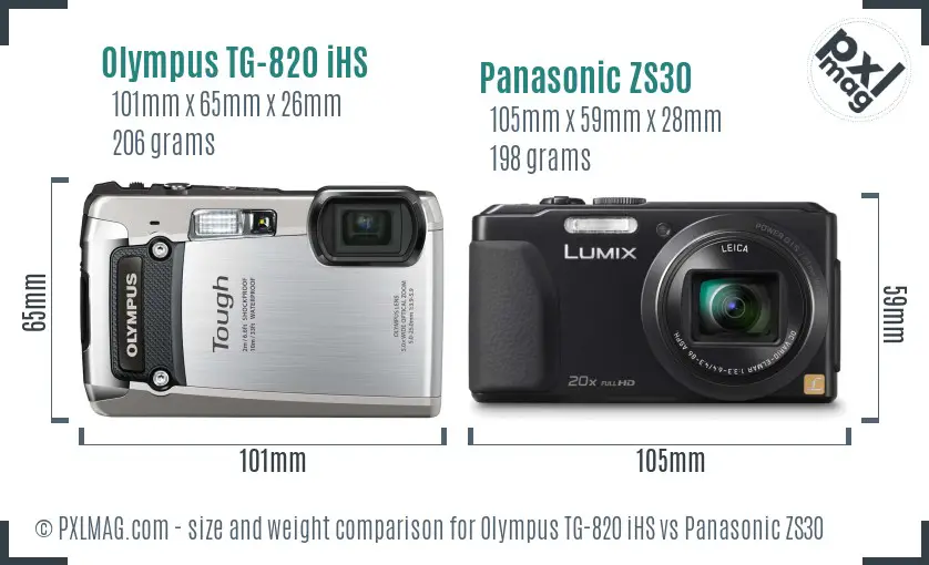 Olympus TG-820 iHS vs Panasonic ZS30 size comparison