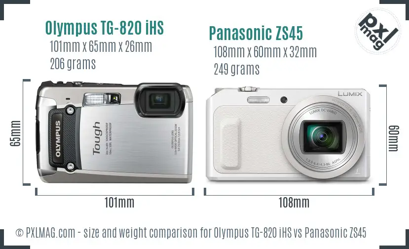 Olympus TG-820 iHS vs Panasonic ZS45 size comparison