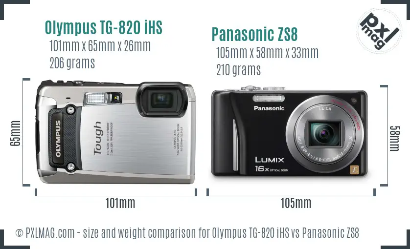 Olympus TG-820 iHS vs Panasonic ZS8 size comparison