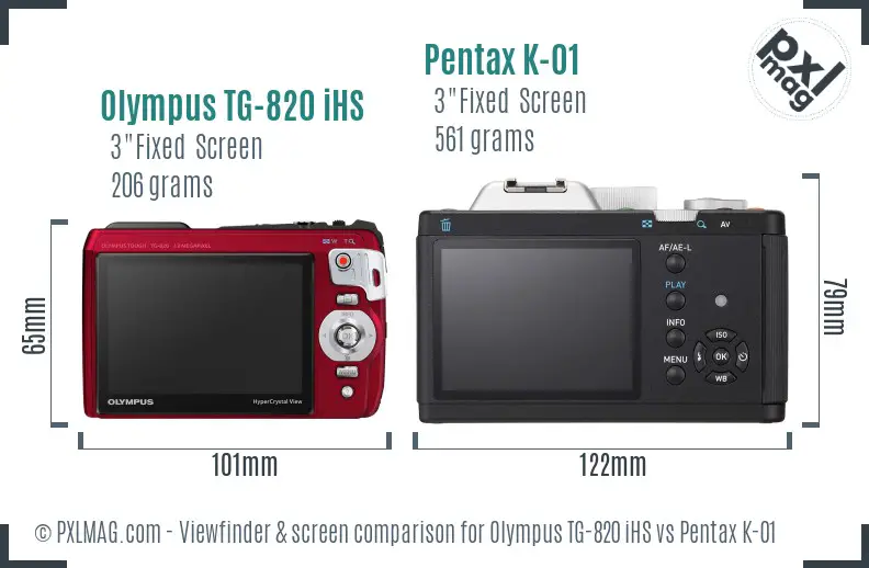 Olympus TG-820 iHS vs Pentax K-01 Screen and Viewfinder comparison