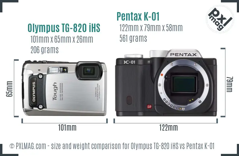 Olympus TG-820 iHS vs Pentax K-01 size comparison