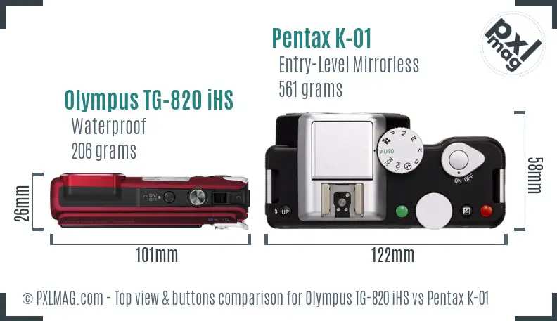 Olympus TG-820 iHS vs Pentax K-01 top view buttons comparison