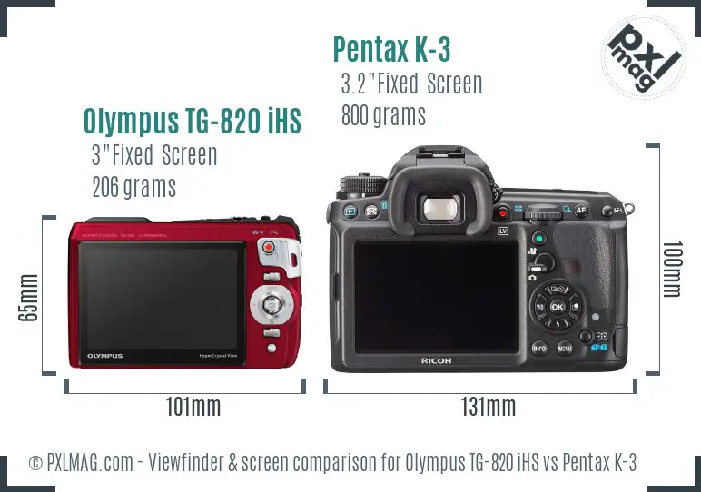 Olympus TG-820 iHS vs Pentax K-3 Screen and Viewfinder comparison