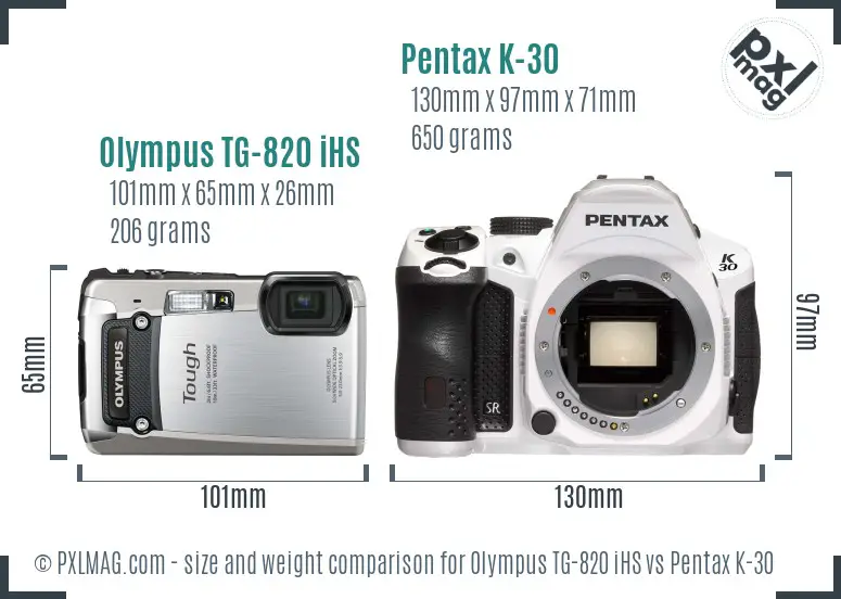 Olympus TG-820 iHS vs Pentax K-30 size comparison
