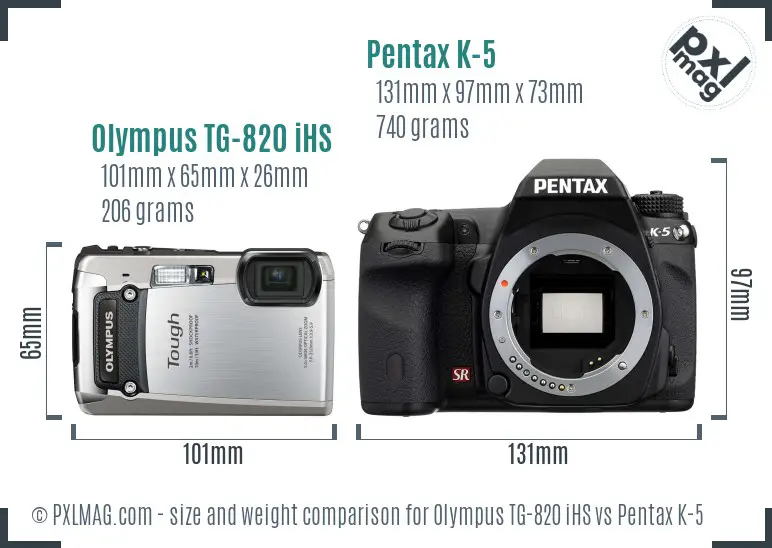 Olympus TG-820 iHS vs Pentax K-5 size comparison