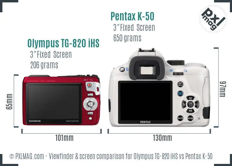 Olympus TG-820 iHS vs Pentax K-50 Screen and Viewfinder comparison