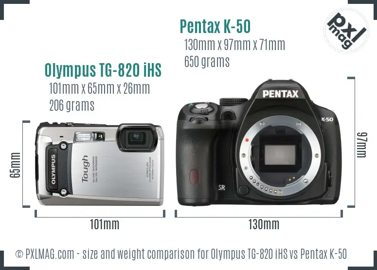 Olympus TG-820 iHS vs Pentax K-50 size comparison