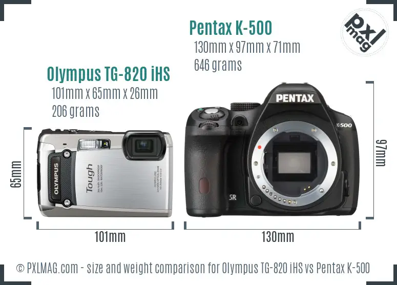 Olympus TG-820 iHS vs Pentax K-500 size comparison