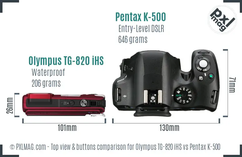 Olympus TG-820 iHS vs Pentax K-500 top view buttons comparison