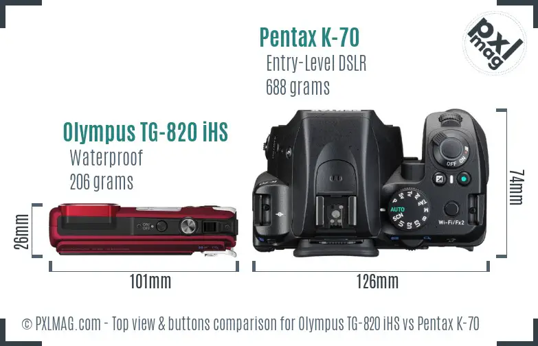 Olympus TG-820 iHS vs Pentax K-70 top view buttons comparison Olympus TG-820 iHS vs Pentax K-70 top view buttons comparison