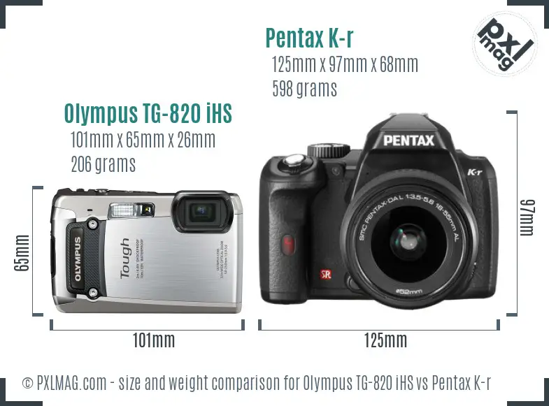 Olympus TG-820 iHS vs Pentax K-r size comparison