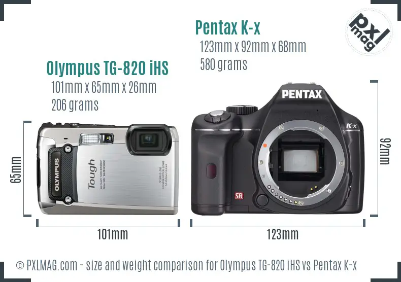 Olympus TG-820 iHS vs Pentax K-x size comparison