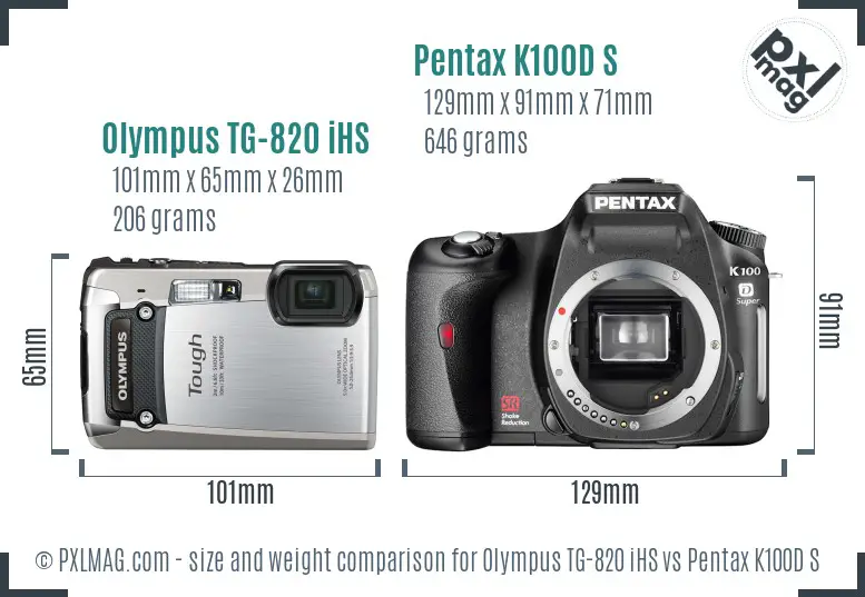Olympus TG-820 iHS vs Pentax K100D S size comparison