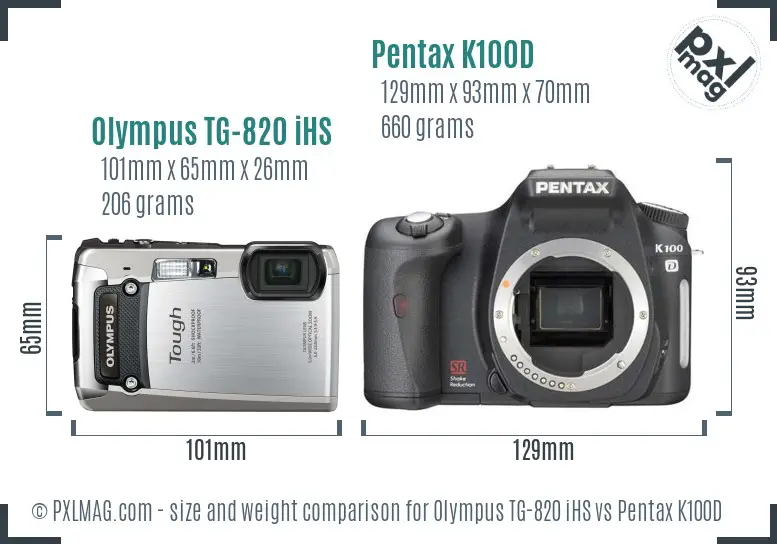 Olympus TG-820 iHS vs Pentax K100D size comparison