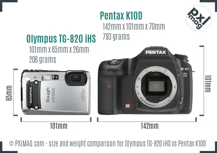 Olympus TG-820 iHS vs Pentax K10D size comparison