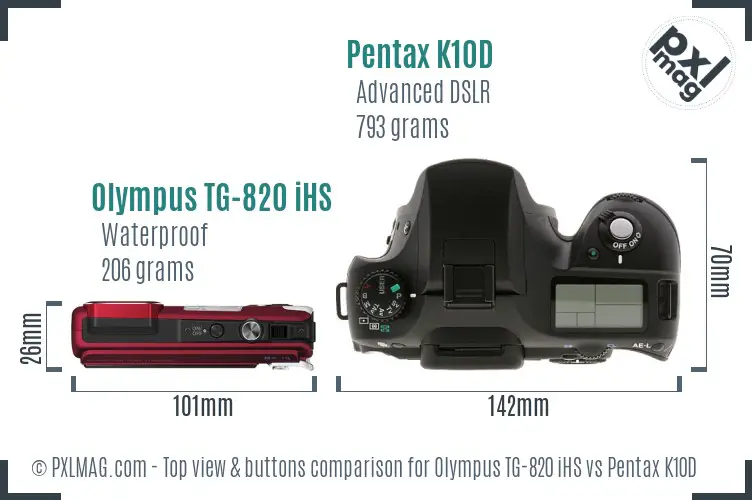 Olympus TG-820 iHS vs Pentax K10D top view buttons comparison