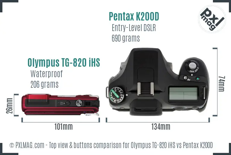 Olympus TG-820 iHS vs Pentax K200D top view buttons comparison Olympus TG-820 iHS vs Pentax K200D top view buttons comparison