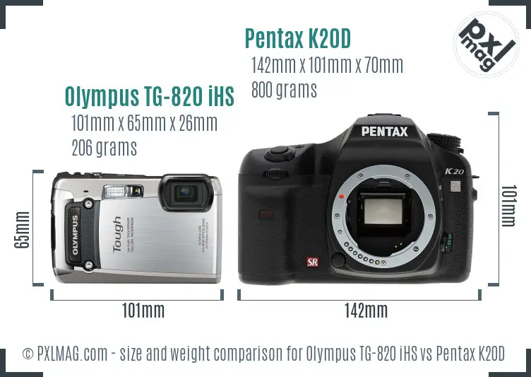 Olympus TG-820 iHS vs Pentax K20D size comparison