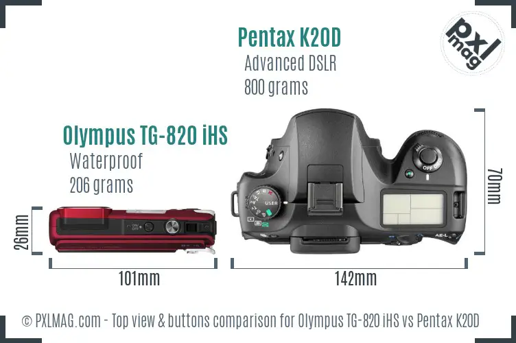 Olympus TG-820 iHS vs Pentax K20D top view buttons comparison