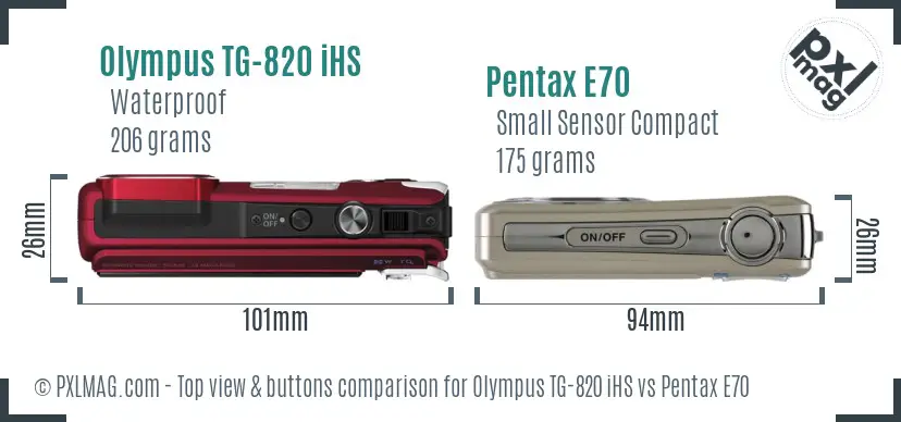 Olympus TG-820 iHS vs Pentax E70 top view buttons comparison