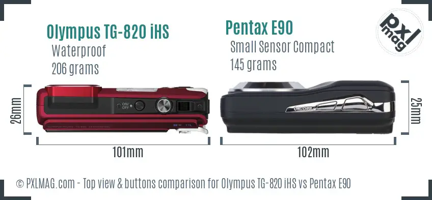 Olympus TG-820 iHS vs Pentax E90 top view buttons comparison