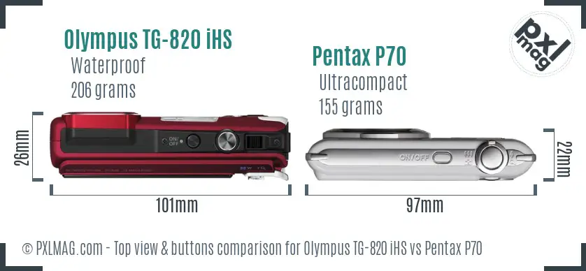 Olympus TG-820 iHS vs Pentax P70 top view buttons comparison Olympus TG-820 iHS vs Pentax P70 top view buttons comparison