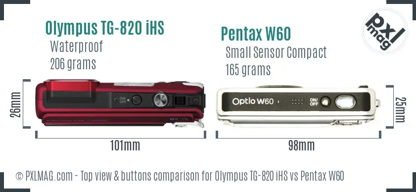 Olympus TG-820 iHS vs Pentax W60 top view buttons comparison