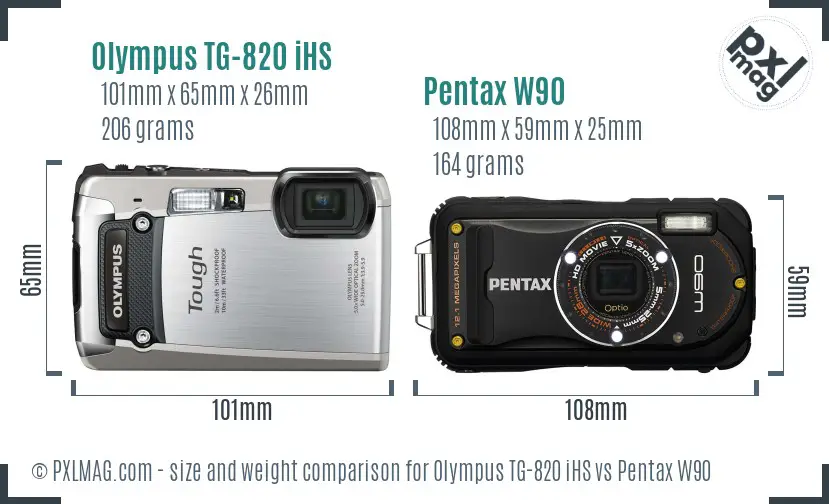 Olympus TG-820 iHS vs Pentax W90 size comparison