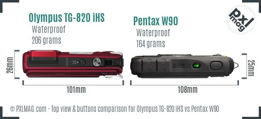 Olympus TG-820 iHS vs Pentax W90 top view buttons comparison