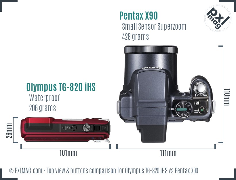 Olympus TG-820 iHS vs Pentax X90 top view buttons comparison