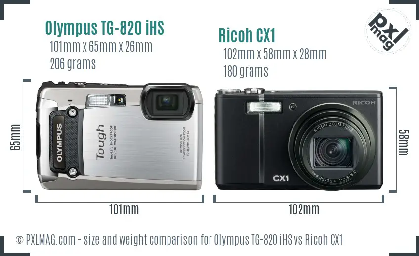 Olympus TG-820 iHS vs Ricoh CX1 size comparison