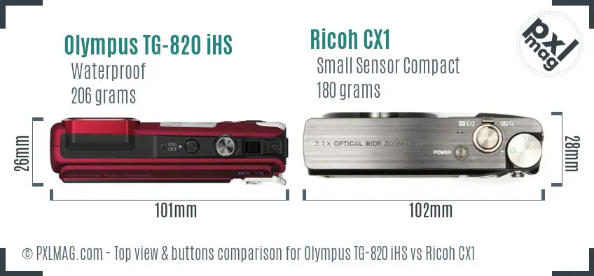 Olympus TG-820 iHS vs Ricoh CX1 top view buttons comparison