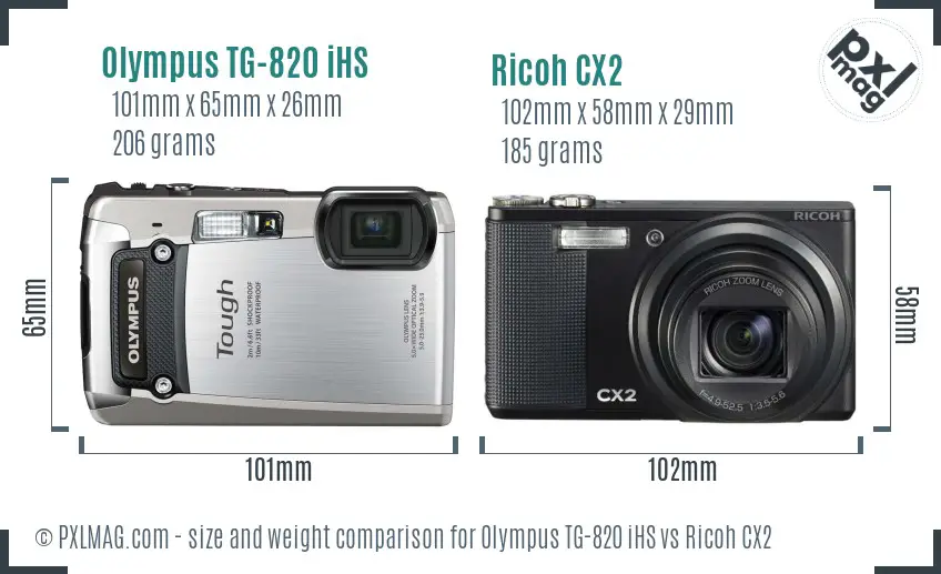 Olympus TG-820 iHS vs Ricoh CX2 size comparison