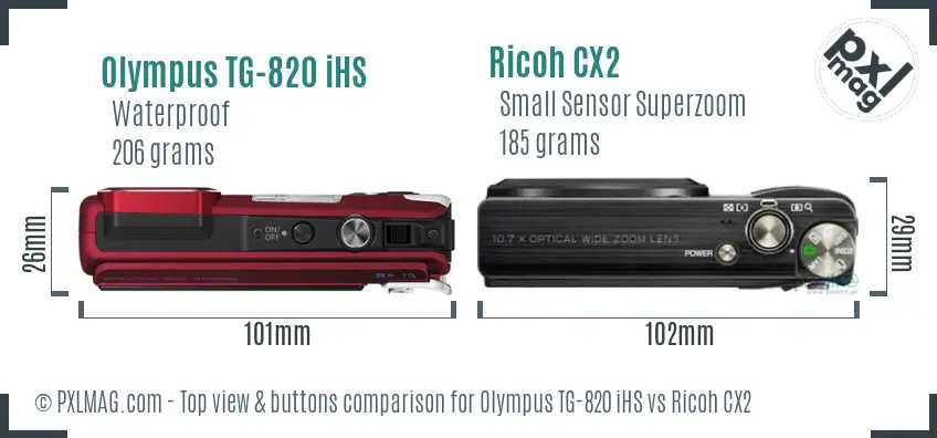 Olympus TG-820 iHS vs Ricoh CX2 top view buttons comparison