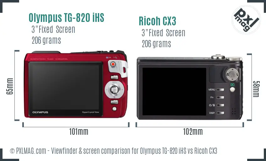 Olympus TG-820 iHS vs Ricoh CX3 Screen and Viewfinder comparison