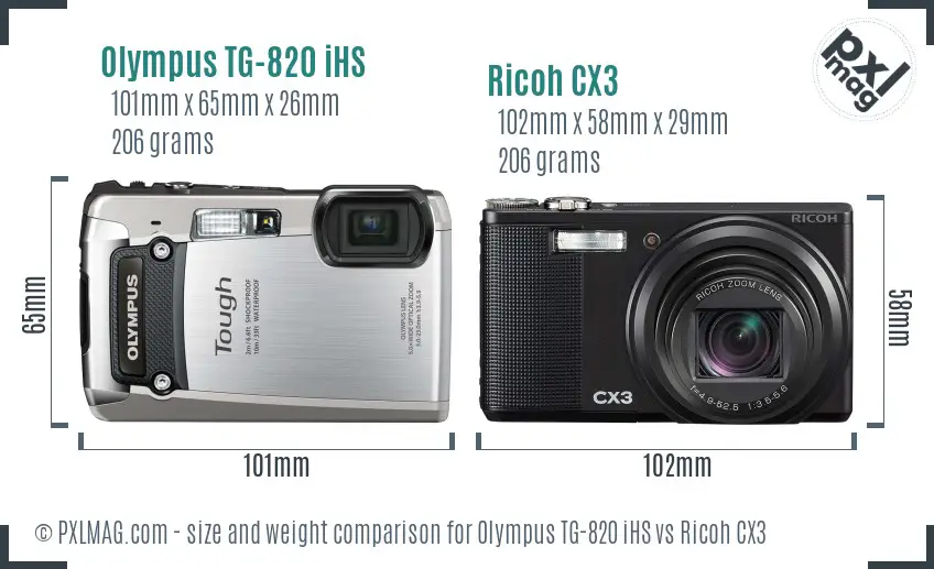 Olympus TG-820 iHS vs Ricoh CX3 size comparison