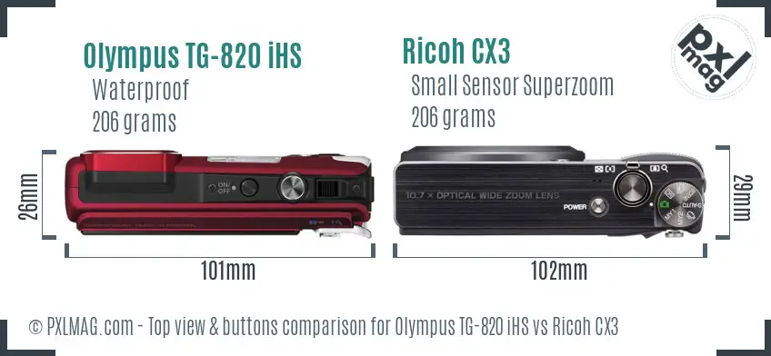 Olympus TG-820 iHS vs Ricoh CX3 top view buttons comparison
