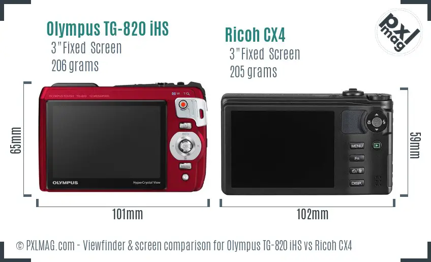Olympus TG-820 iHS vs Ricoh CX4 Screen and Viewfinder comparison