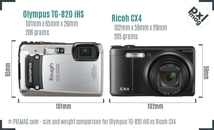 Olympus TG-820 iHS vs Ricoh CX4 size comparison