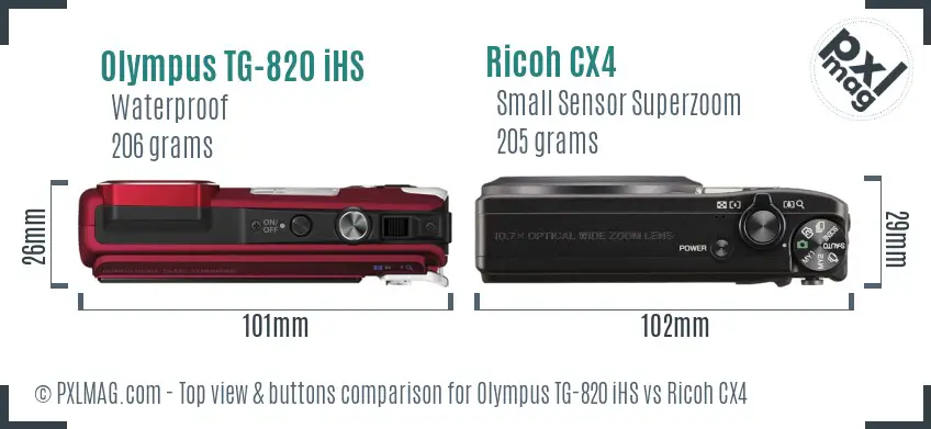 Olympus TG-820 iHS vs Ricoh CX4 top view buttons comparison
