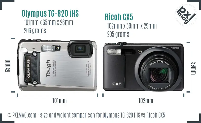 Olympus TG-820 iHS vs Ricoh CX5 size comparison Olympus TG-820 iHS vs Ricoh CX5 size comparison