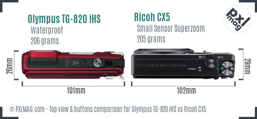 Olympus TG-820 iHS vs Ricoh CX5 top view buttons comparison Olympus TG-820 iHS vs Ricoh CX5 top view buttons comparison
