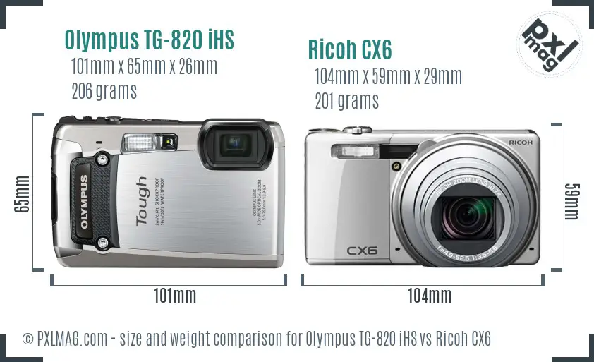 Olympus TG-820 iHS vs Ricoh CX6 size comparison Olympus TG-820 iHS vs Ricoh CX6 size comparison