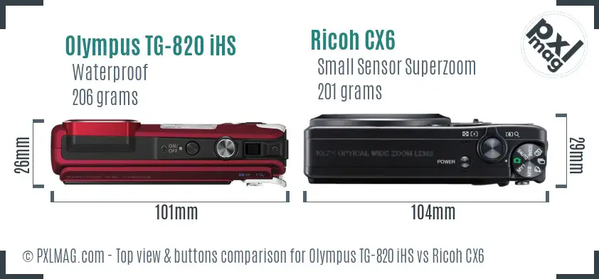 Olympus TG-820 iHS vs Ricoh CX6 top view buttons comparison Olympus TG-820 iHS vs Ricoh CX6 top view buttons comparison