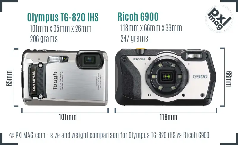 Olympus TG-820 iHS vs Ricoh G900 size comparison