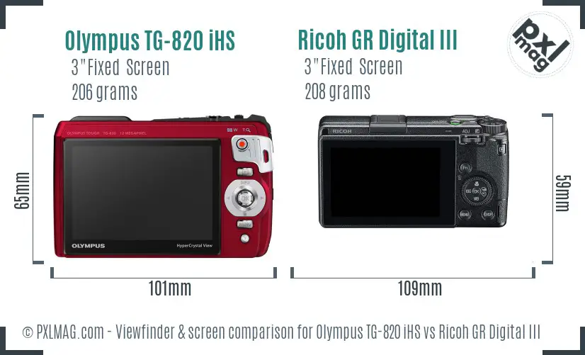 Olympus TG-820 iHS vs Ricoh GR Digital III Screen and Viewfinder comparison