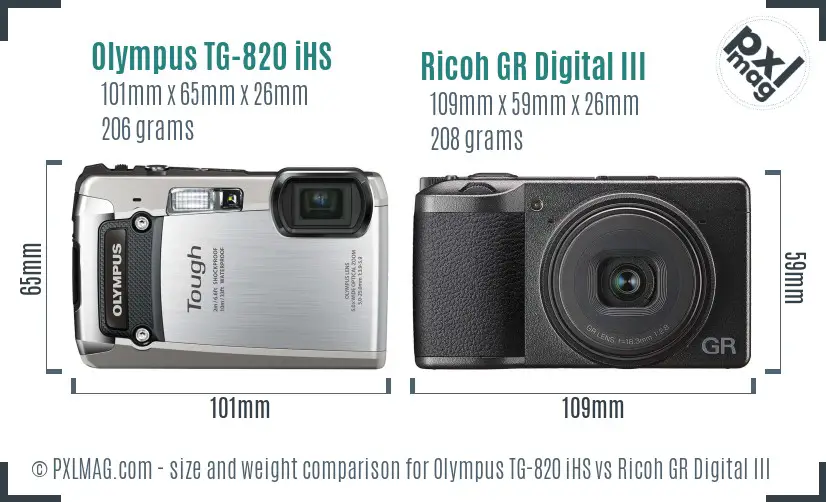 Olympus TG-820 iHS vs Ricoh GR Digital III size comparison